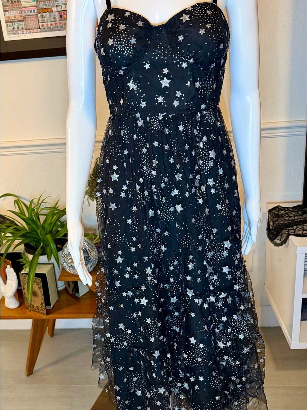 Betsey Johnson Black Dress with Silver Star Overlay